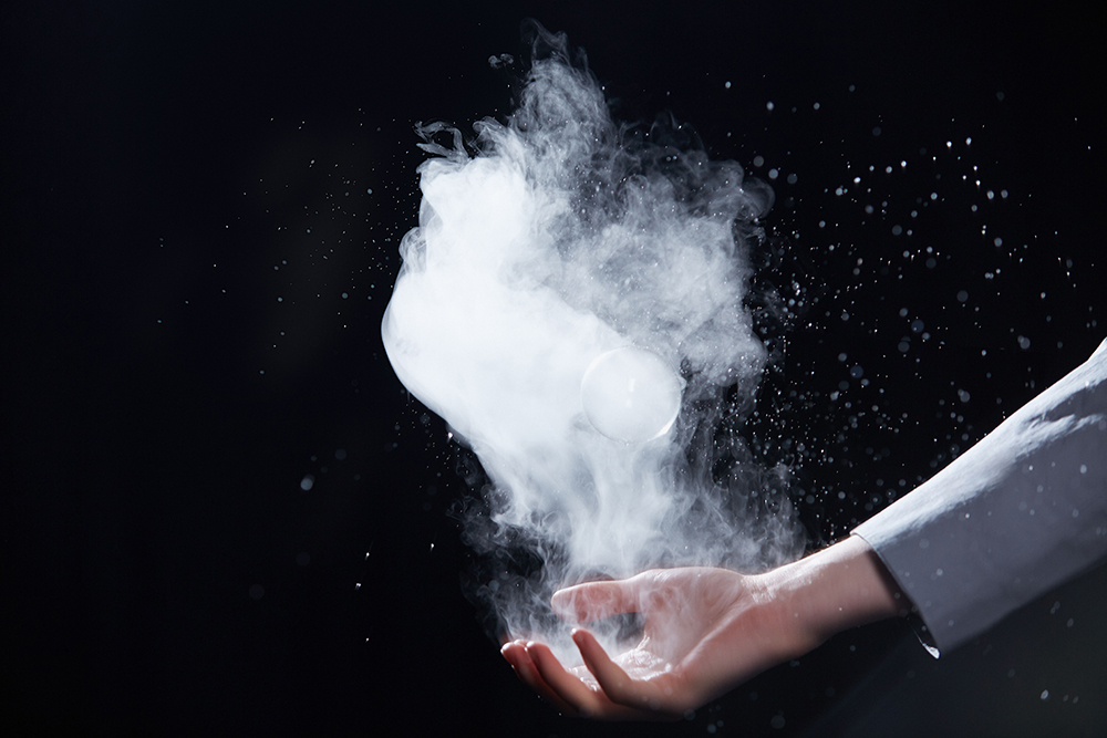 The mist-filled bubbles burst upon contact with skin, but not clothing. 